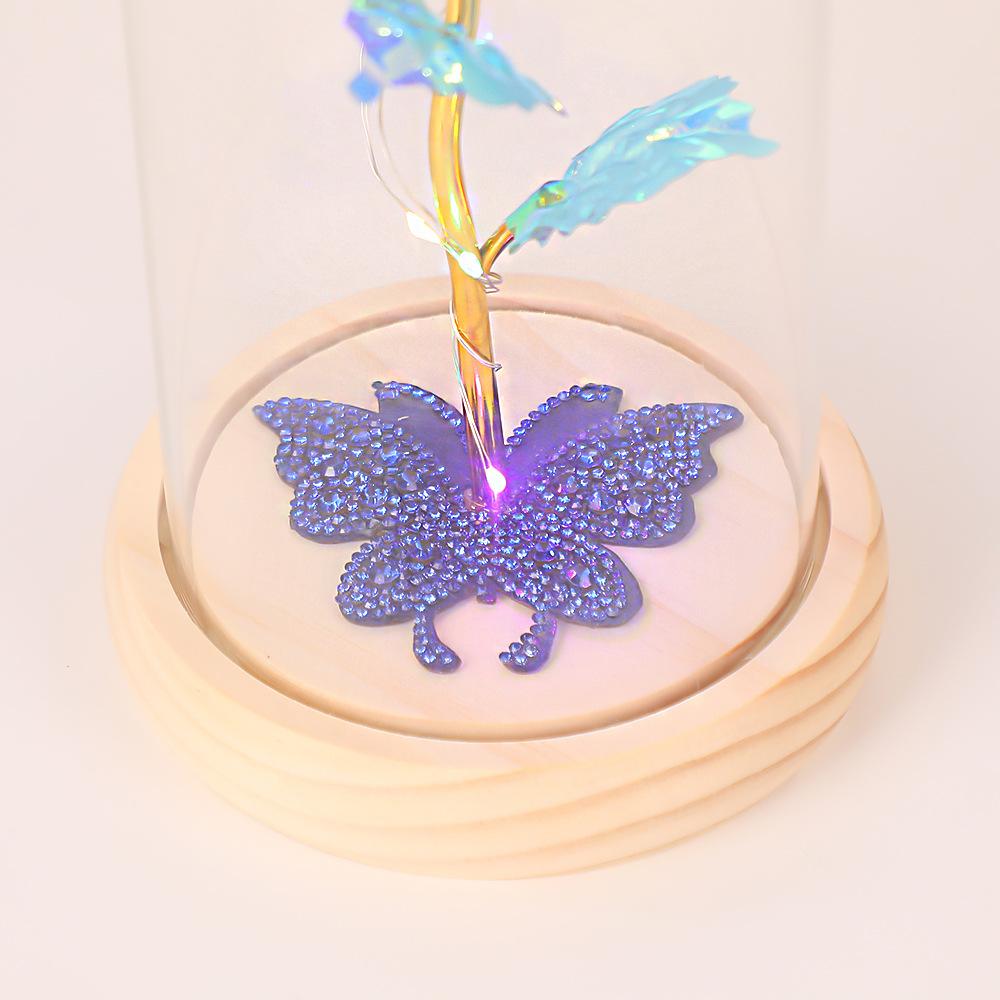 Gold Foil Flower Glass Cover with Lamp, Butterfly Rhinestone Rose Lamp, Mother's Day Valentine's Day Gift.