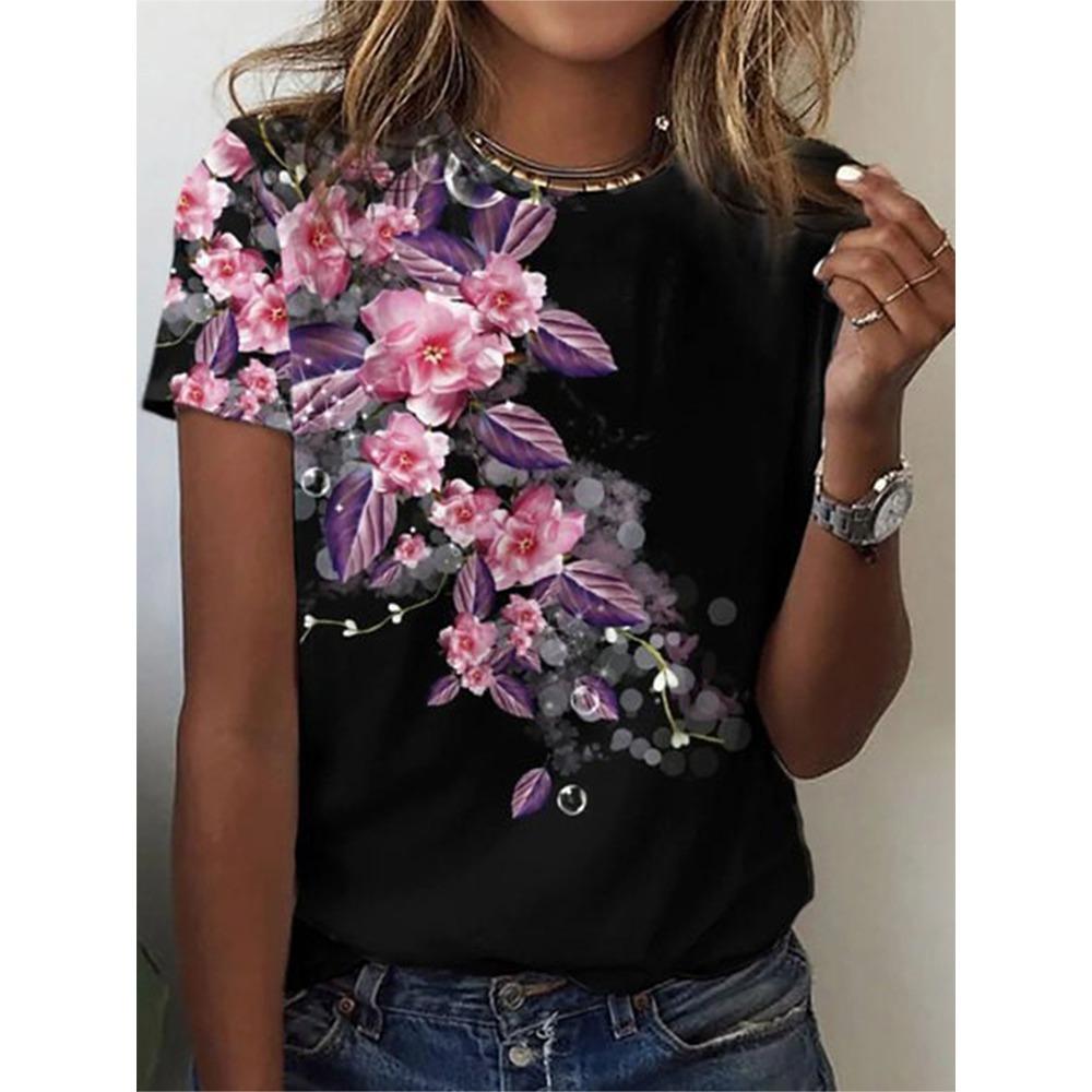 

2024 новые летние женские топы с круглым вырезом и коротким рукавом, свободная футболка с цветочным принтом, большие размеры 6XL