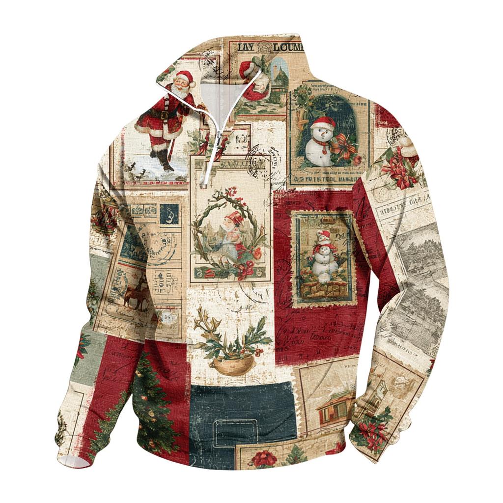 Men's Casual Sweatshirt with Stand Collar and Christmas Print