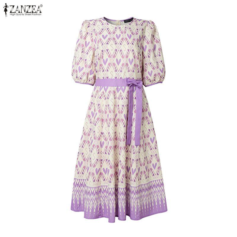 ZANZEA Damska codzienna sukienka letnia z okrągłym dekoltem i krótkim rękawem z nadrukiem