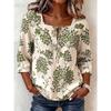 Womens Retro Floral Print Square Neck 3 Quarter Sleeve Casual Loose Top