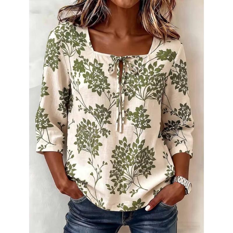 Womens Retro Floral Print Square Neck 3 Quarter Sleeve Casual Loose Top