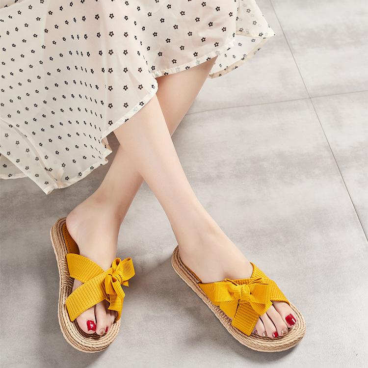 New Summer One-line Women's Slippers, Solid-color Fashionable Indoor and Outdoor Bow Slippers