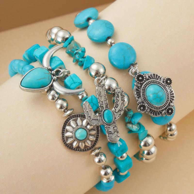 

4-piece/set Bohemian Bead Irregular Pendant Bracelet, Women s Retro Ethnic Style Holiday Accessory Gift
