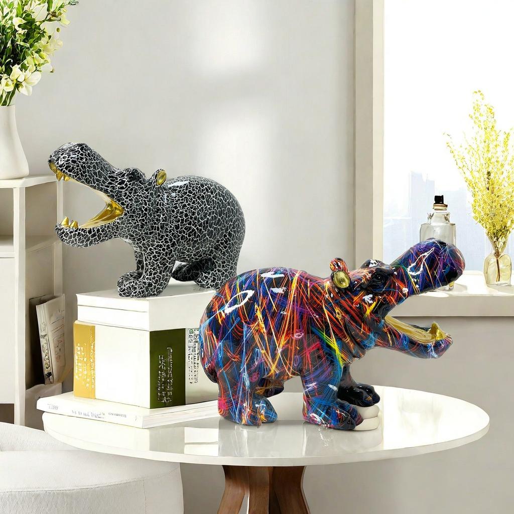 Nordic Creative Colorful Big Mouth Hippo Ornaments Home Living Room Office Desktop Animal Resin Craft Decoration