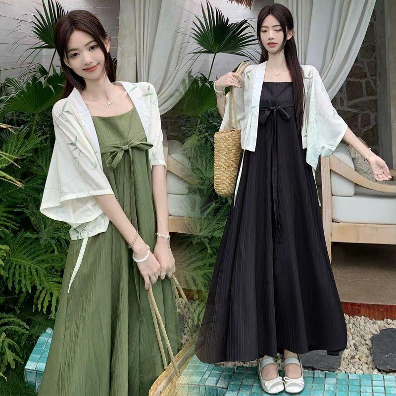 Plus Size Women's Chinese Style Waist-Cinching Camisole Dress & Fairy Cardigan Set