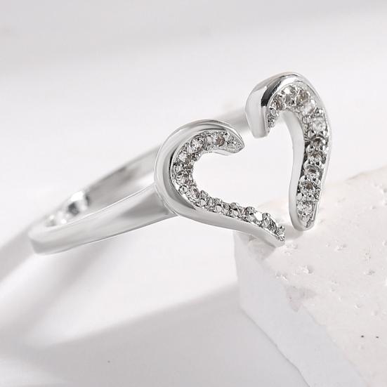 Women Ring Adjustable Open Heart Shape Finger Ring with Cubic Zirconia Semi-Inlaid Design Formal Wear Jewelry Gift