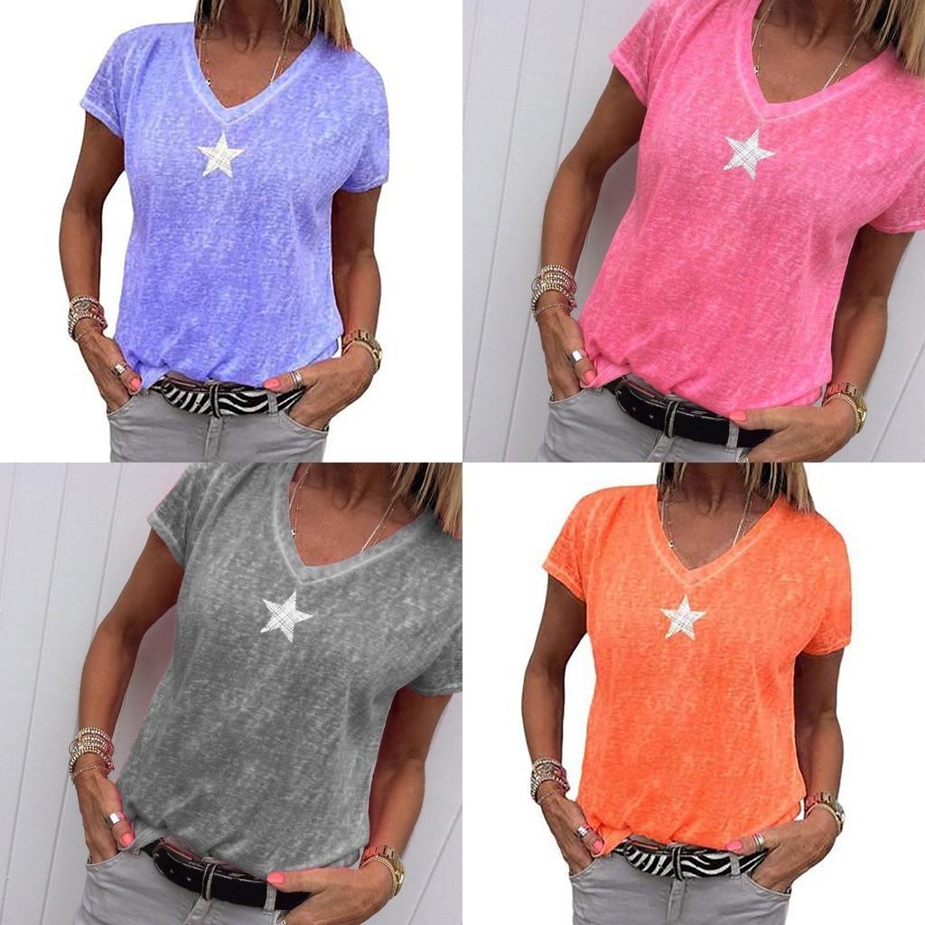 Stylish Women V-neck T-shirt Casual Loose Star Summer Shirts Solid Short Sleeve Perfect For Outdoor Activities