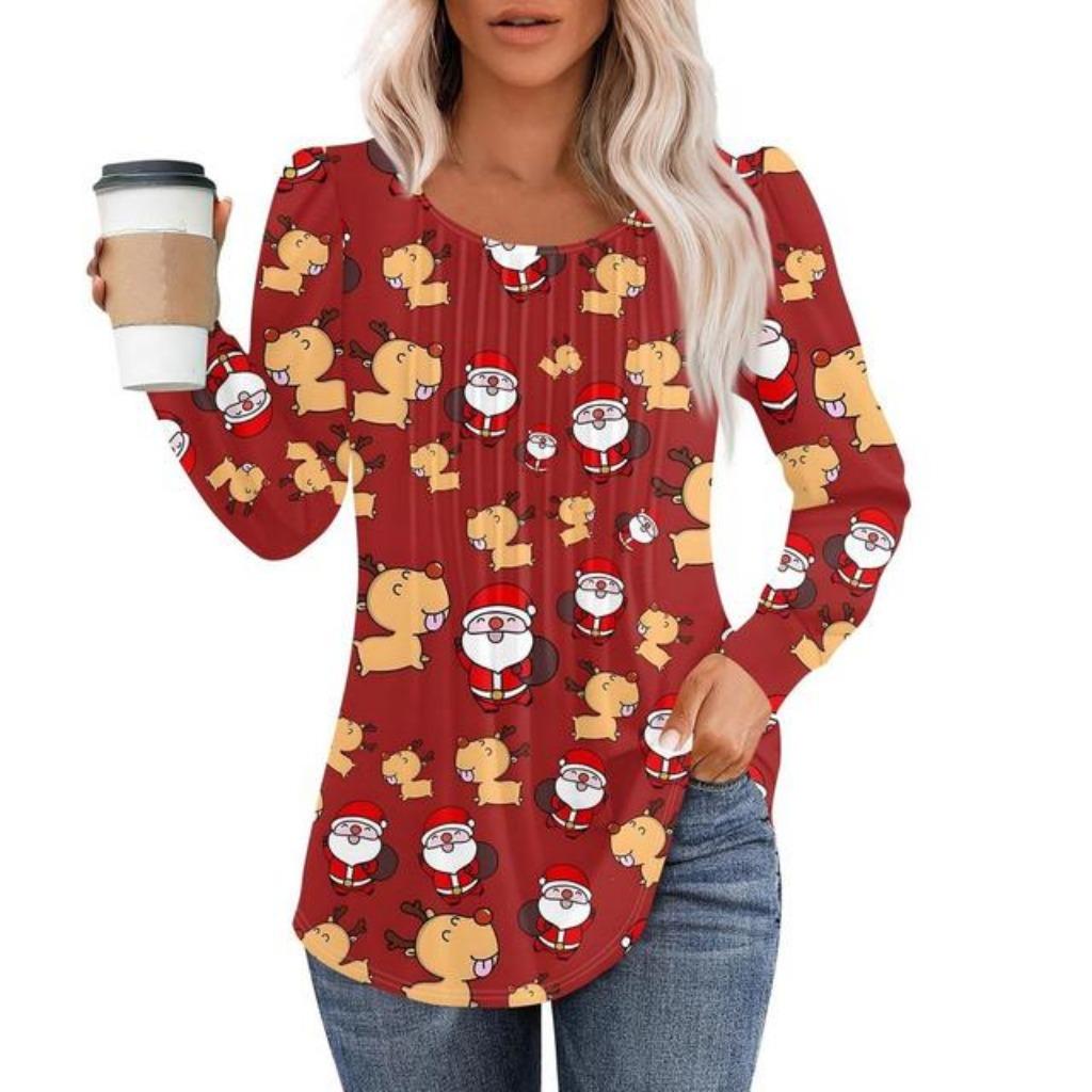 Christmas Women's Sweatshirt Designer Round Neck Long Sleeve Loose Casual Christmas Colors Stitching Fun Pattern Print Top