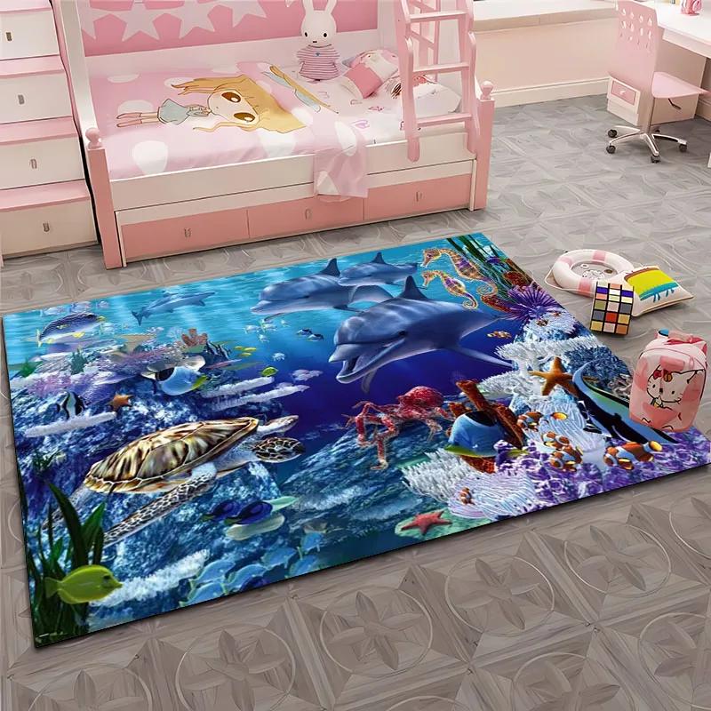 HD Underwater World 3D Illusion Seabed Cartoon Carpet,Rug for Living Room Rug for Bedroom Sofa Doormat Decor Non-slip Floor Mat