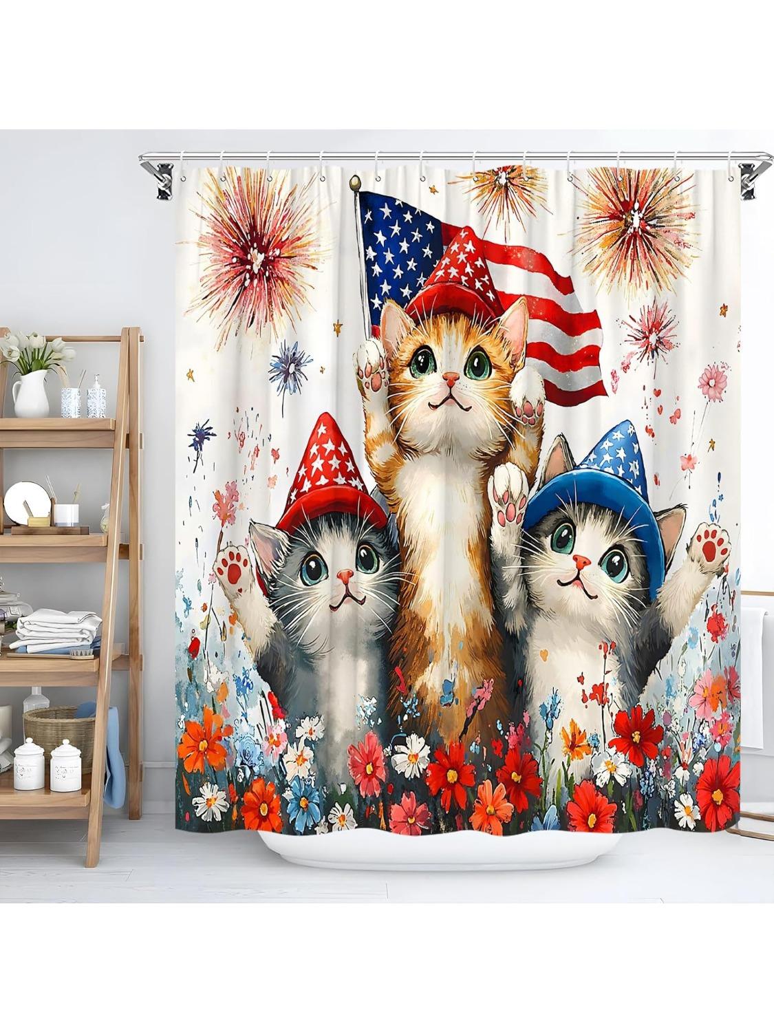 4th of July Cat Shower Curtain Patriotic Cute Kitten Memorial Day American Flag Independence Day Blue Red Watercolor 90x180CM