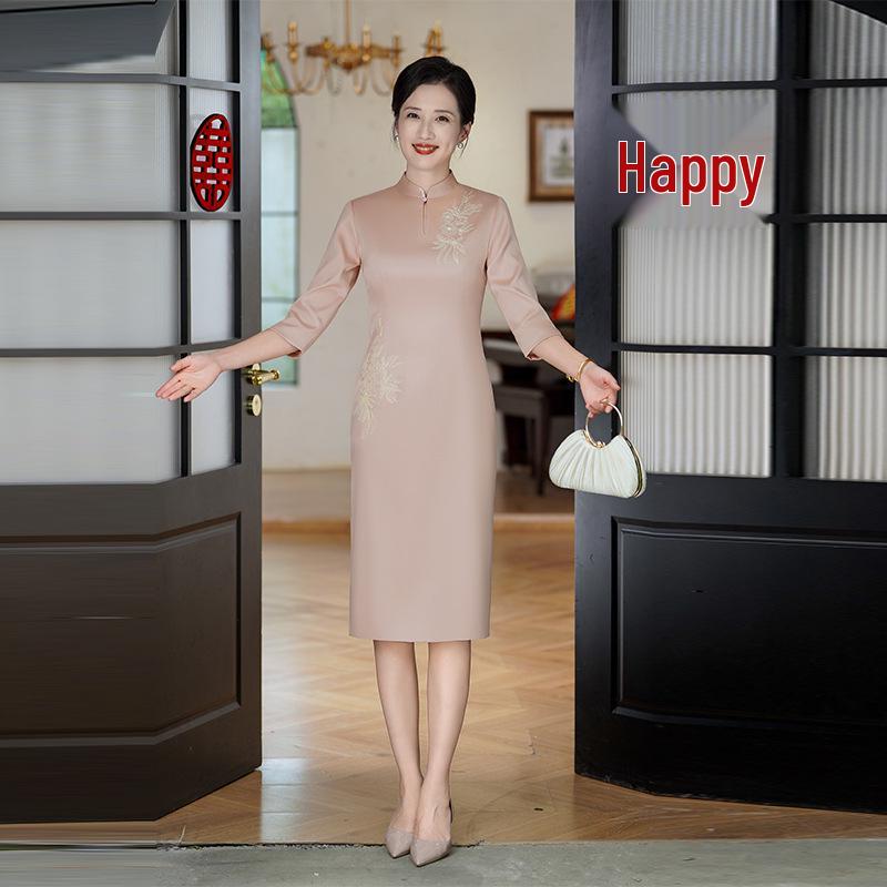Elegant Pink Embroidered Cheongsam - Long Sleeve Satin Evening Dress for Mother-in-law, October 2025
