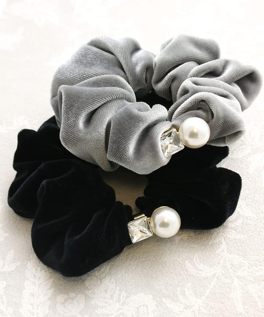 VINGTAINE Velvet with Stone and Pearl Simple and Elegant Hair Perfect for Adult Casual Scrunchie, Design, Accessory, Wear, Gift, HS-177-GY
