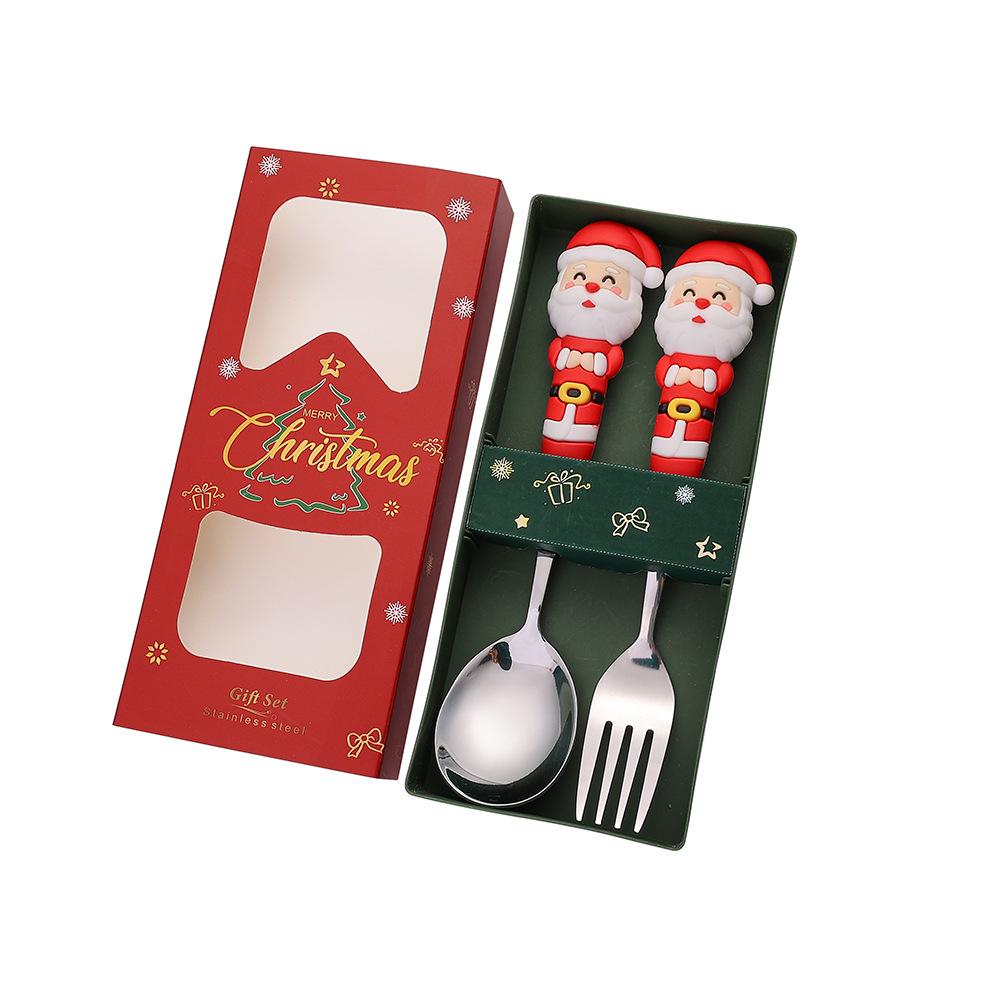 Christmas, Stainless Steel Spoon and Fork Set Santa Spoon Fruit Fork Tableware Gift Box