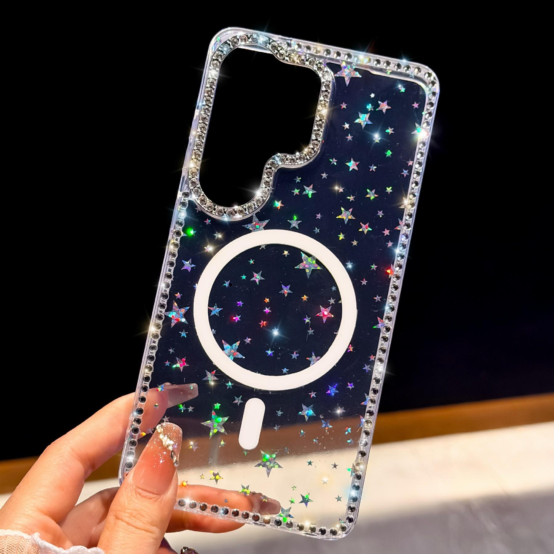 

For Samsung Galaxy S25 Ultra Magnetic Case Rhinestone Edge Glitter Back TPU + PC IMD Phone Cover