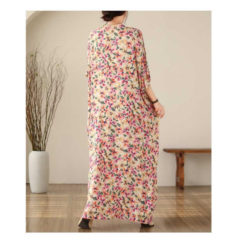 Vintage Vacation Style Enlarged Flesh Covering Thin V-neck Long Dresses