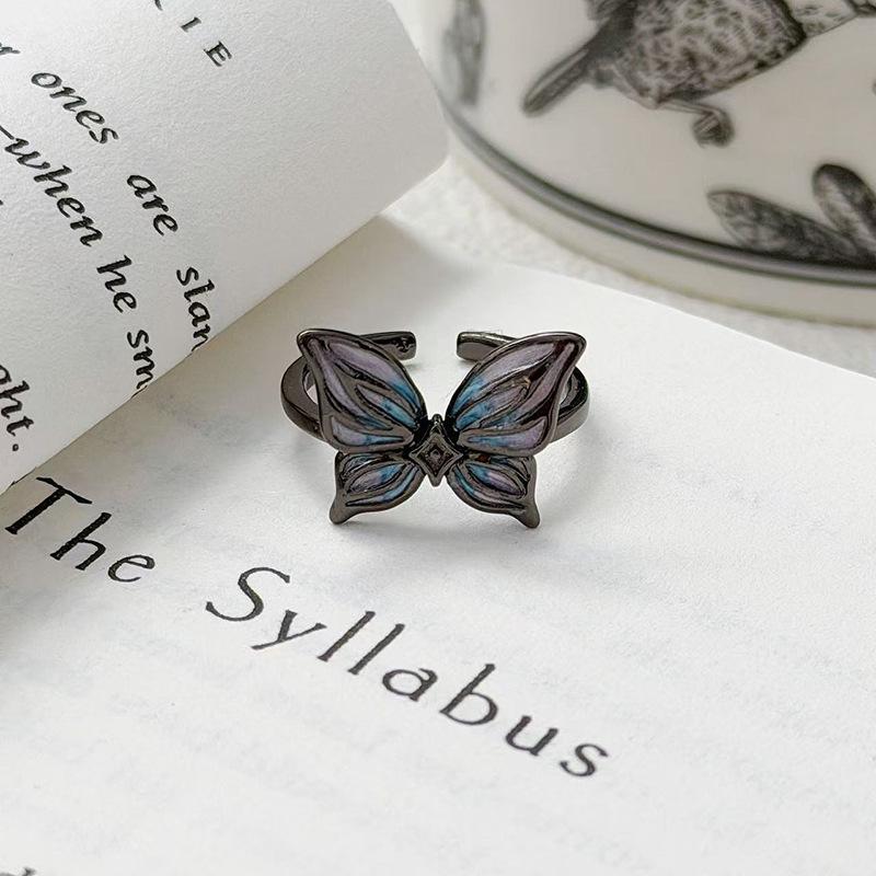 "Dark Butterfly Light" Retro Neutral Enamel Dark Butterfly Open Ring For Women Wearing Personalized Punk Index Finger Ring