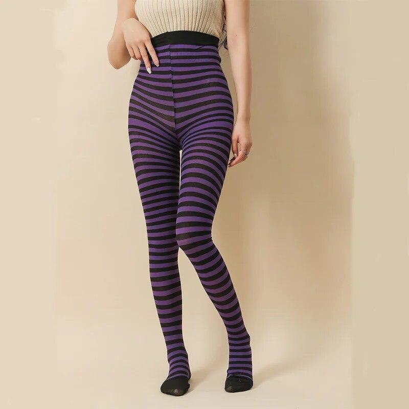Gothic-Punk-Strumpfhose für Damen, gestreift, Regenbogen, lange Strumpfhose, Halloween, Weihnachten, hohe Taille, Cosplay-Strumpf, elastische, dünne Legging