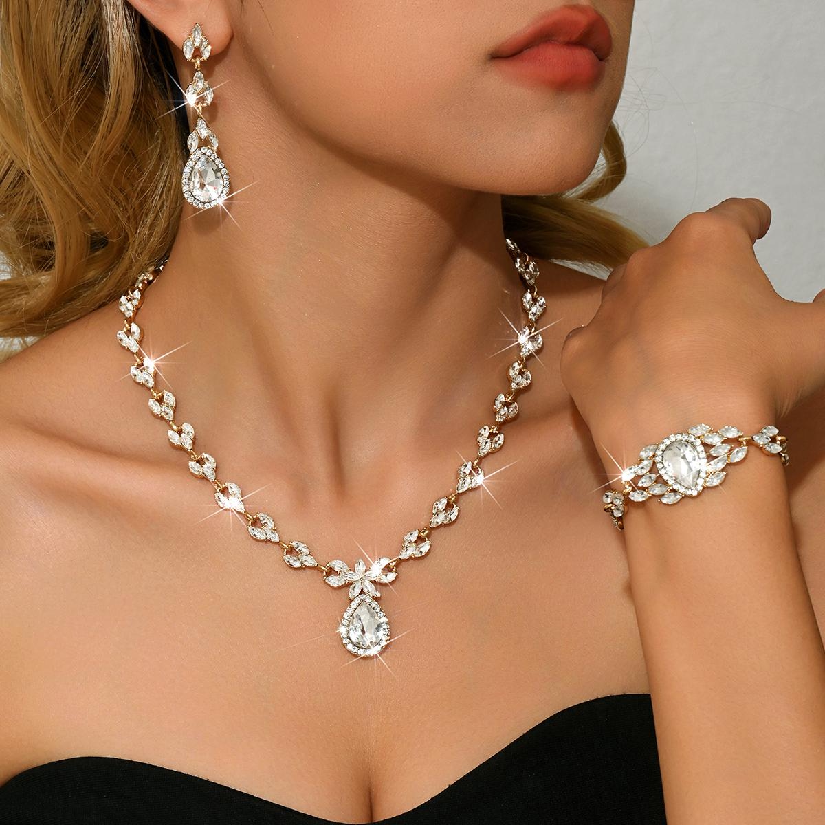 Ladies Emerald Green Crystal Jewelry Set | Water Drop Necklace Earrings Bracelet | Bridal Accessories | Festival Fashion Gift