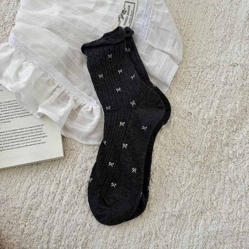 Summer Socks Boneless Stitched Cotton Socks Hollow Bow Thin Breathable Mid-High Thin Cotton Socks