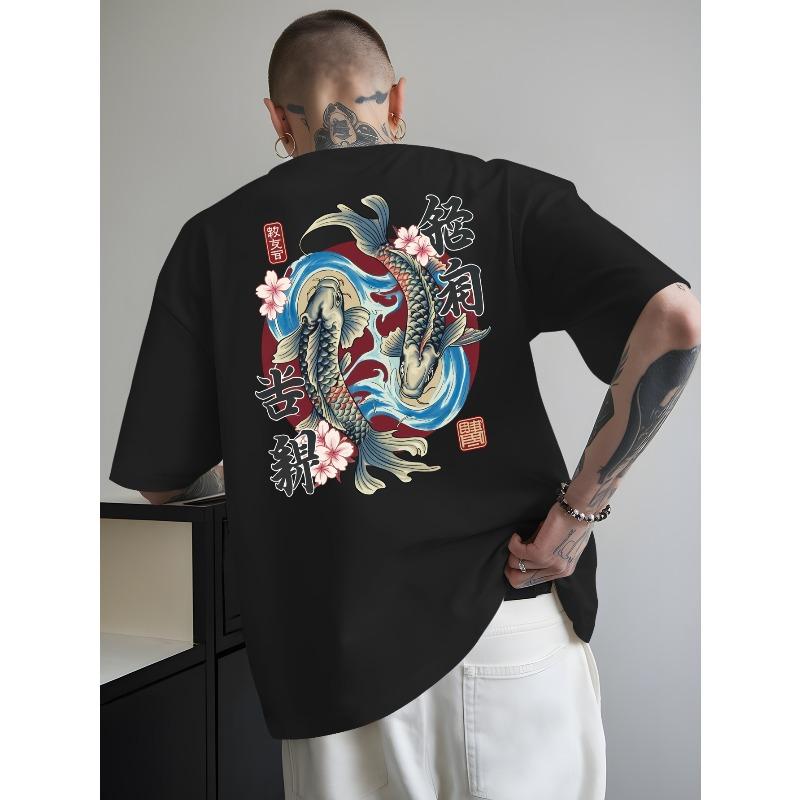 European Size Japanese Style Carp Summer Outdoor Sports and Casual Large-size Short-sleeved T-shirts, Men's Trendy Fashion Prints, Loose Base Shirts