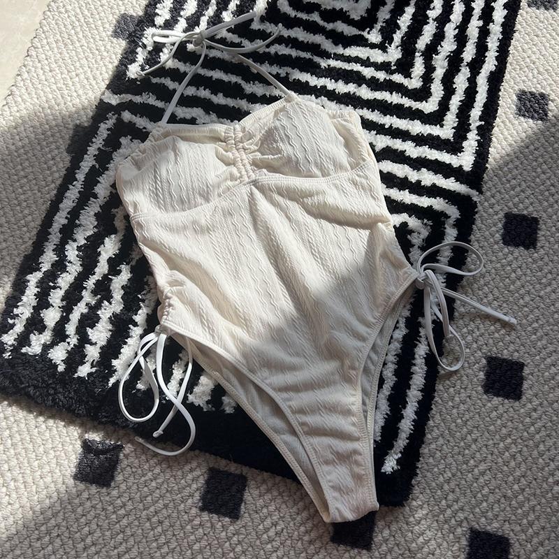 

Плиссированный купальник-монокини на шнуровке 2025 Женский сексуальный купальник для похудения с контролем живота Купальный костюм с открытой спиной Купальный боди L белый