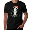 Tuxedo Cat Christmas Lights Funny Cat Lover Xmas Hat Tshirt Labor Work Casual Tshirt