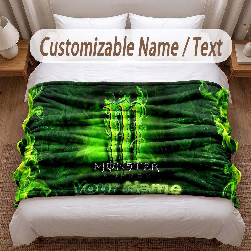Monster Energy Printed Flannel Blanket Custom Name Text Soft Warm Throw For Bedroom Holiday Gift