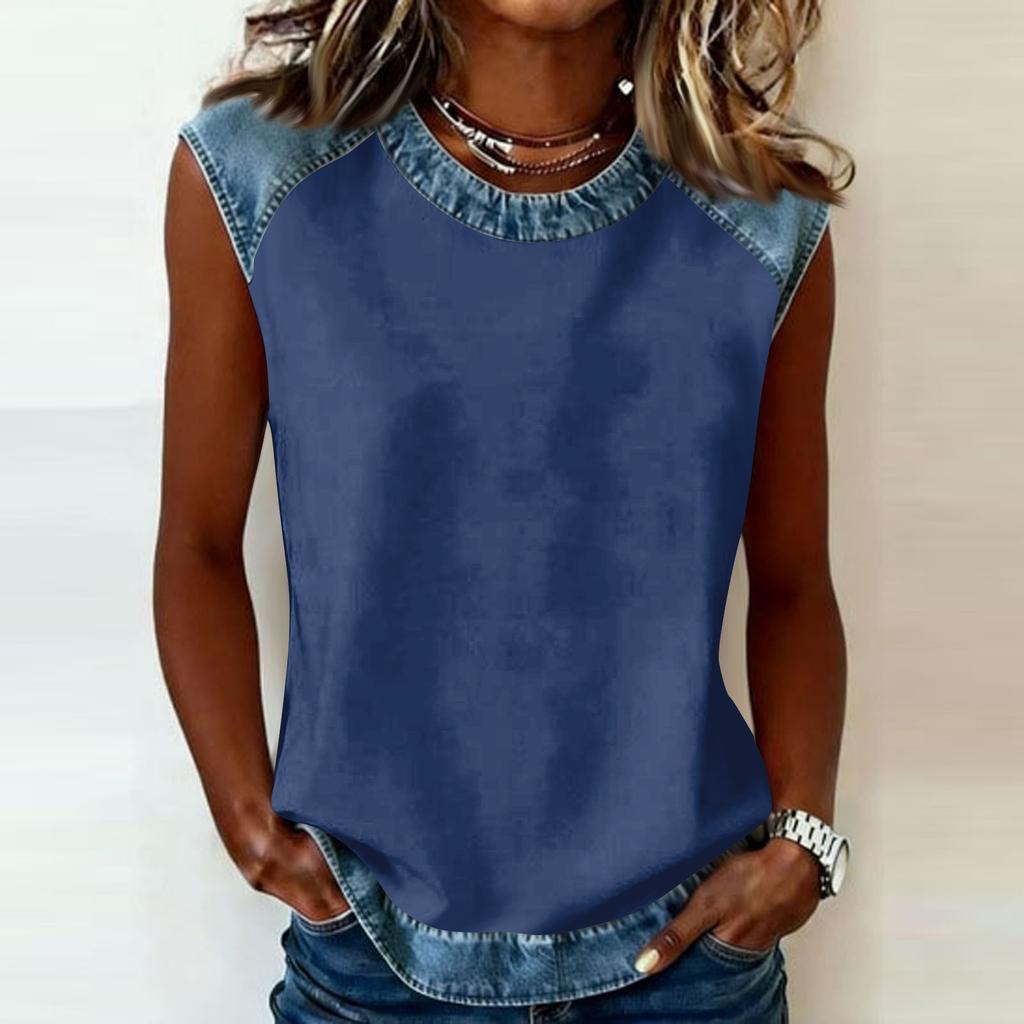 Sleeveless Crew Neck Top with Denim Trim Relaxed Fit Casual Shirt for Women Comfortable Design