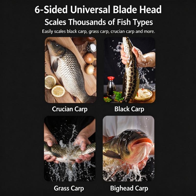 Battery-Operated Fish Descaling Tool with Covered Metal Blade, Textured Handle, and Reverse Control for Restaurant Kitchen Fish Preparation