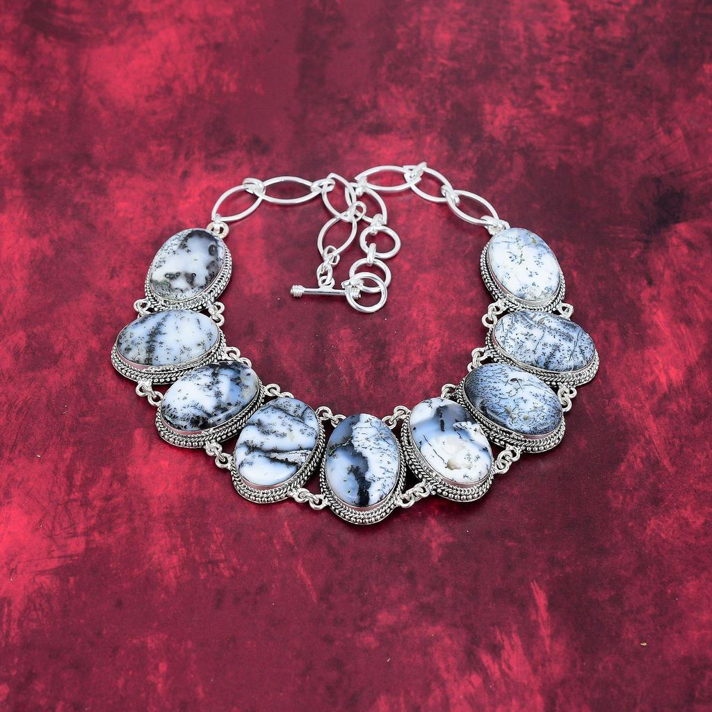 Dendrite Opal 925 Solid Sterling Silver Necklace with Adjustable Chain, Handmade Gemstone Jewelry Necklace Gift For Birthday
