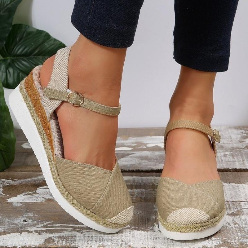 New Fashion Plus Size Women's Closed Toe Wedge Heel Thick Sole Hemp Splicing Roman Sandals