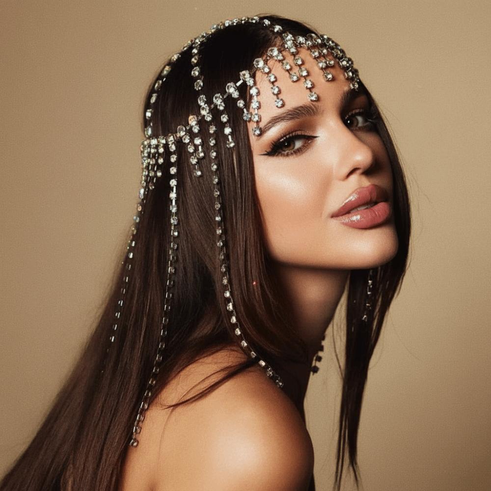 Full Rhinestone Inlay Rhinestone Cap Headpiece Fringe Mesh Tassel Headband  Catwalk Show
