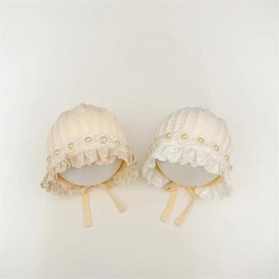 Breathable Cotton Princess Hat Lace Trim Pearl Baby Bonnet Bonnet 2-24Month Infant