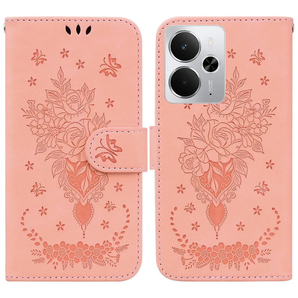For Realme 14 5G Case PU Leather Wallet Phone Cover Butterfly Flower Imprint
