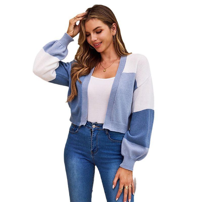 

Нежный короткий кардиган-свитер с цветовыми блоками для женщин, Высококачественная шаль для ранней весны, В сочетании с вязаным топом L белый/фиолетовый