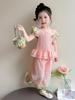 2026 New Girls' Summer Style: Fashionable Solid Color Lace Two-Piece Set with Small Puff Sleeves for Small and Medium Children