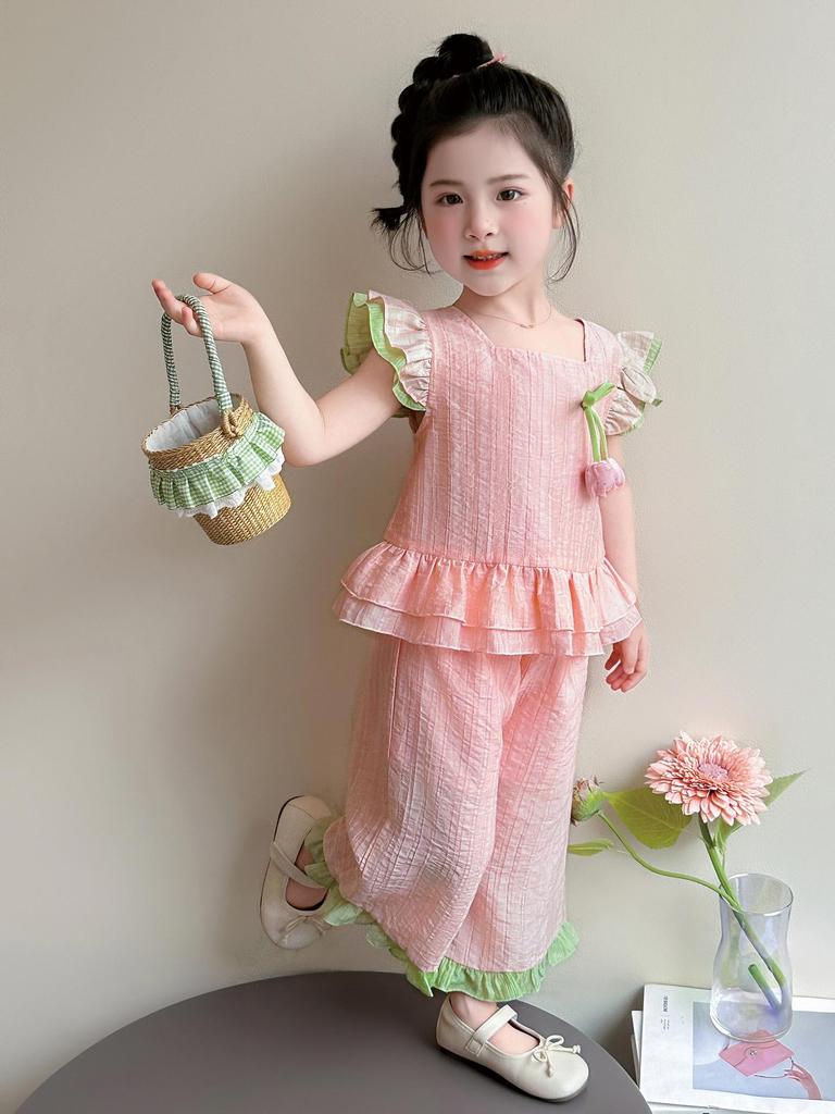2026 New Girls' Summer Style: Fashionable Solid Color Lace Two-Piece Set with Small Puff Sleeves for Small and Medium Children