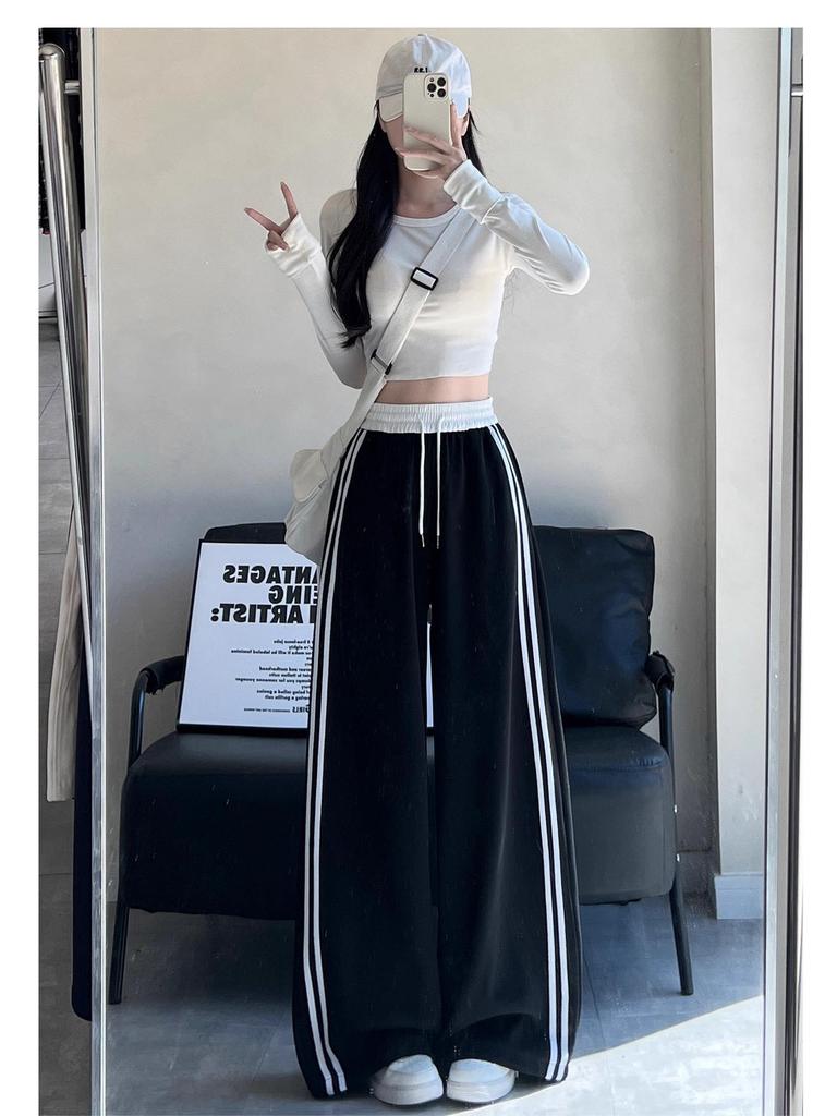 Huamian 2025 Autumn Wide-Leg Striped Sweatpants for Women - Versatile and Casual Drape Style