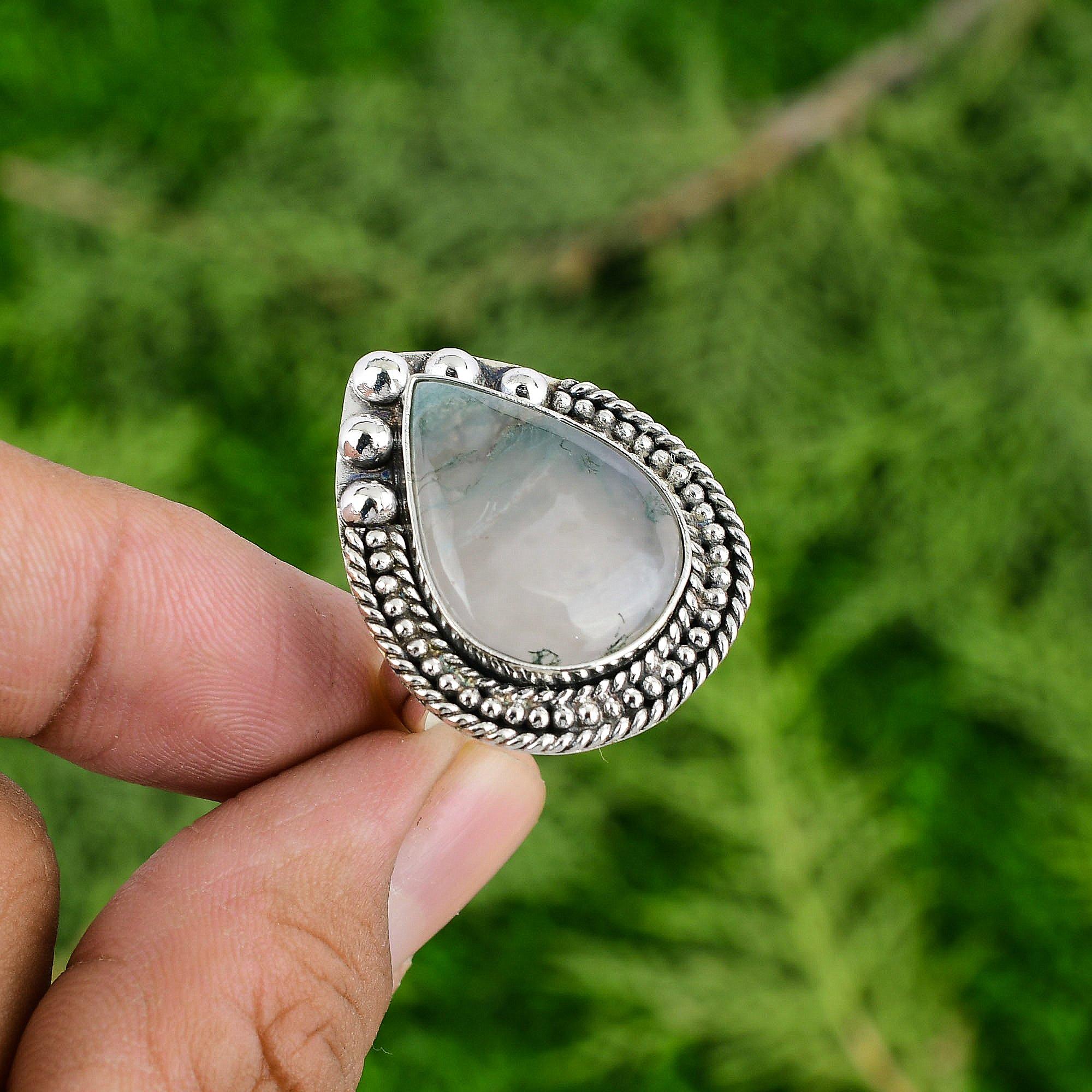 

Thanks Giving Day Deal Pear Solar Moss Agate Stone Sterling Silver Art Deco Ring Adjustable