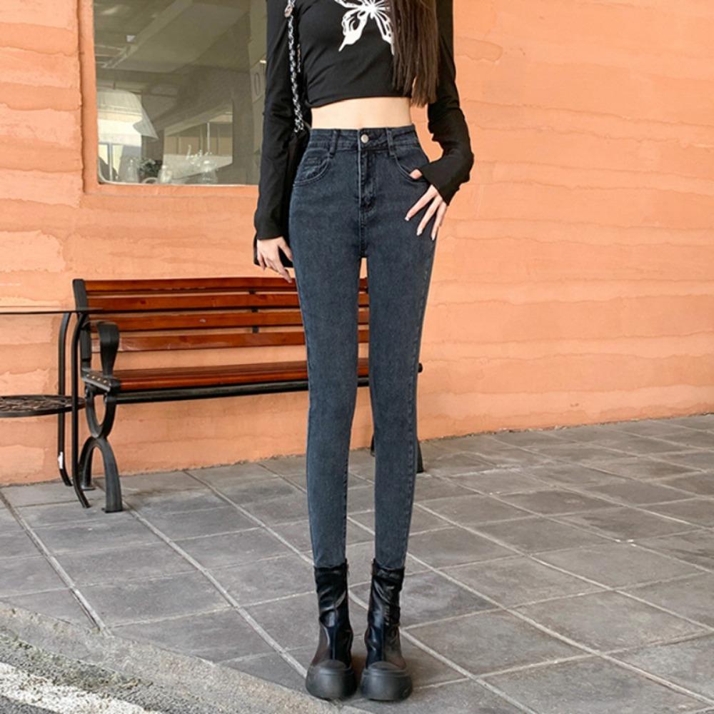 

Персонализированные повседневные джинсы с высокой посадкой, эластичные, облегающие, женские, осенне-зимние, новые тонкие и высокие джинсы-скинни 32 сине серый