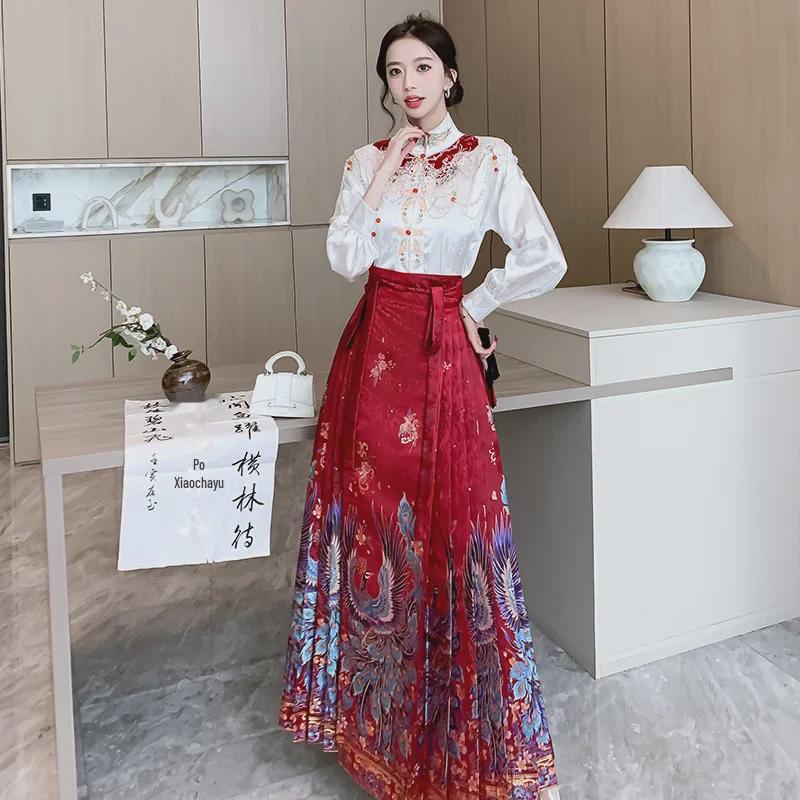 Hanfu nou pentru femei 2024, fustă cu față de cal: Fustă lungă trendy în stil chinezesc pentru purtare zilnică și navetă