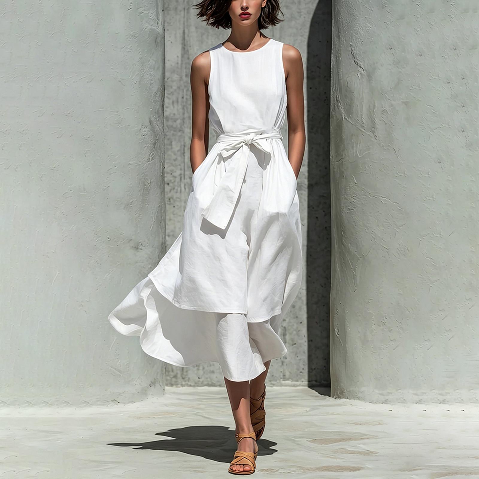 Women s Sleeveless Dress with Round Neck, Tie Waist, and Irregular Hem XXL белый