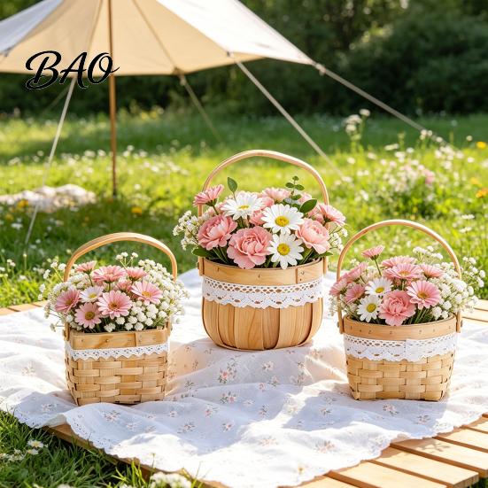 Hand-woven Flower Basket Basket, with Lace Decor, Hand-Woven Wicker Rattan Rustic Wood Portable Floral Gift Handmade