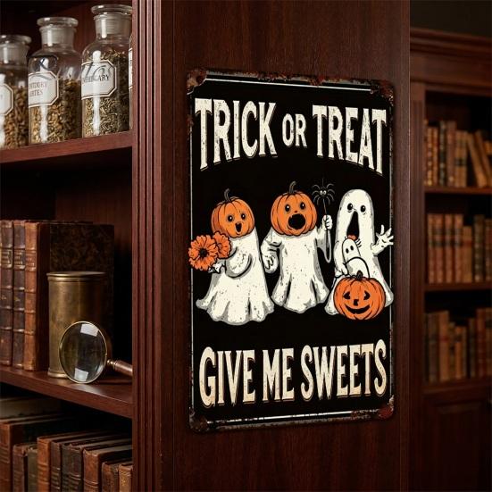 Distressed Metal Signage Retro Halloween Wall Sign, Pumpkin Ghost Bathroom American Style Decor Art Witch Cat Festival Sign for Bar Home Room