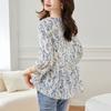 Blue and White Porcelain Small Floral Blouse for Women In Three-quarter Sleeve Summer Updated Round Neck Comfortable Fit Top Korean Everyday Blouse