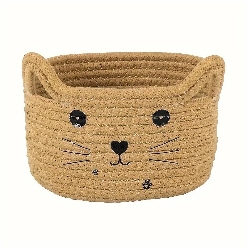 Adorable Cat Face Woven Cotton Storage Basket Durable Organizer for Dorm Bedroom Office Sundries Sorter for Living Room Desktop