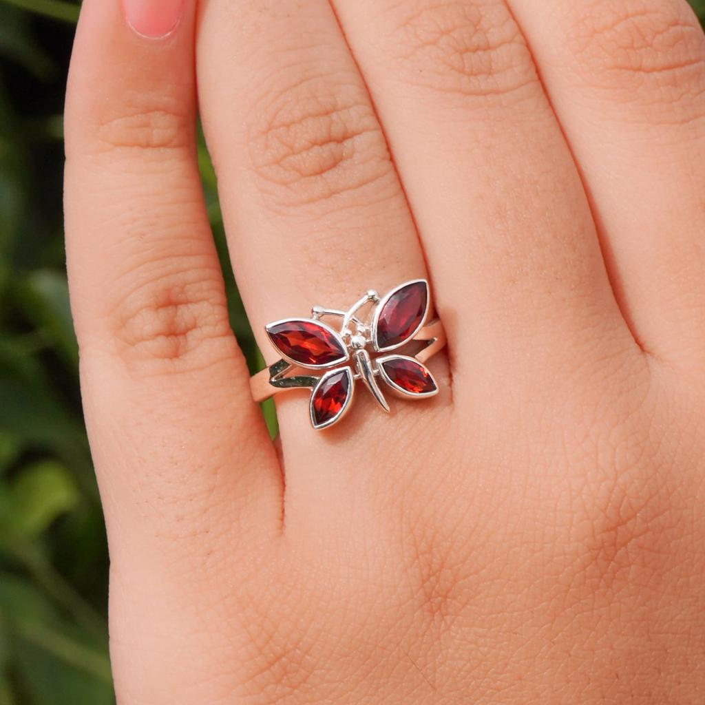 Natural Red Garnet Butterfly Ring, 925 Sterling Silver Charm Ring, Women's Ring, Promise Ring, Engagement Ring, Gift For Her