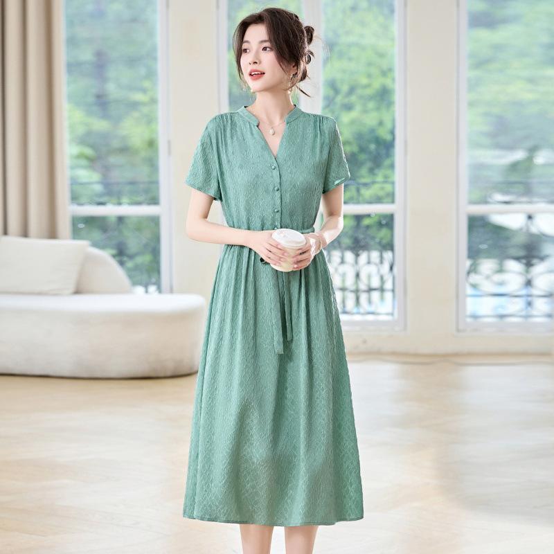 

Платье из мятого шелка Guanle платье с V-образным вырезом средней длины приталенное платье из шелка-тутового шелкопряда 2XL зелёный