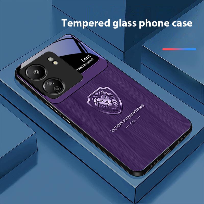 

Wood Grain Lion Head For Xiaomi Redmi 13C Note13 12 Pro Plus 5G Note 9 13T Pro POCO X6 F5 F6 Black Tempered Glass Phone Case For Redmi 9A
